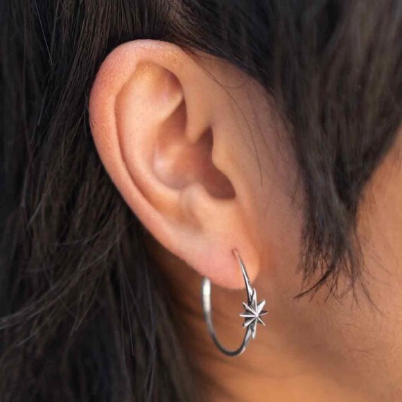 Sterling Silver Star Hoop Earrings - Picture 2 of 4